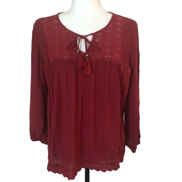 KNOX ROSE Boho Peasant Top Size Large Burgundy Eyelet Neck Tie Tassles - Picture 1 of 7